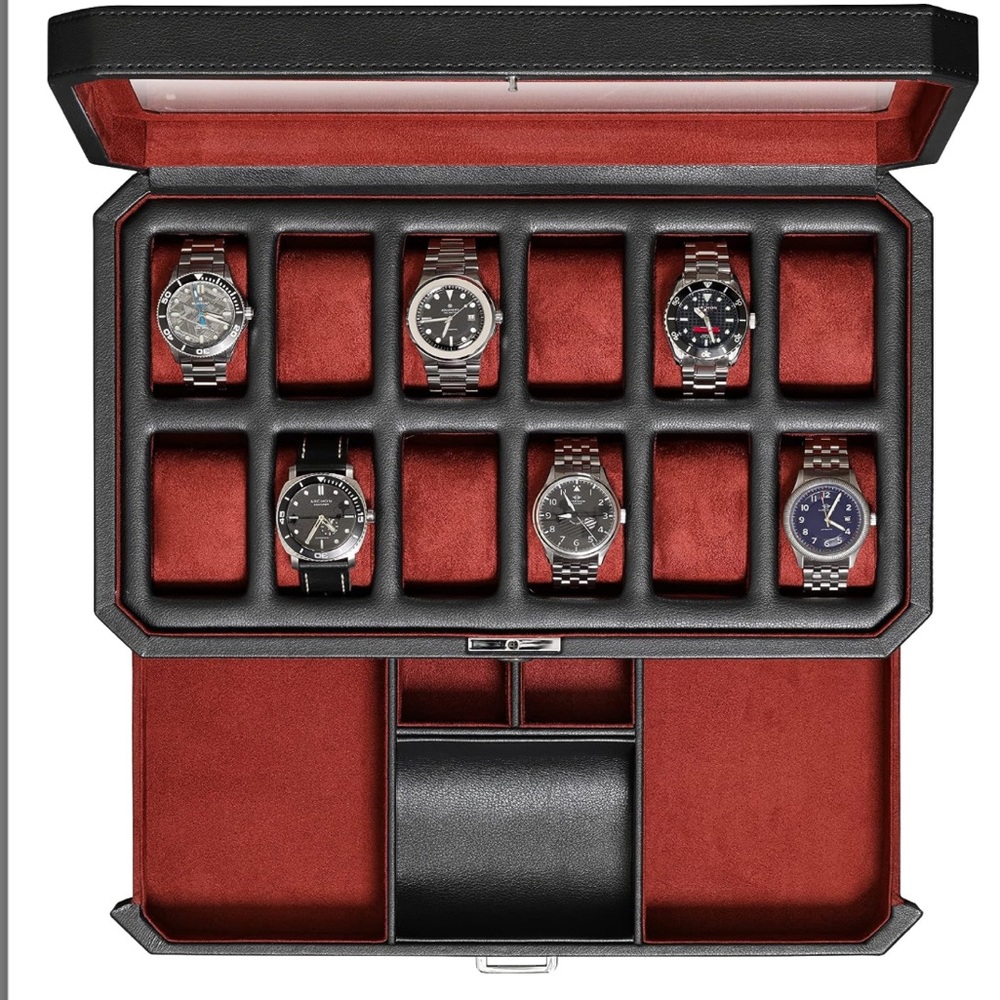 EXQUISITE Luxury leather watch / jewelry display case w/ WORKING LOCK AMD KEY!!
